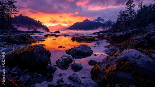  The sun sets over mountains and a body of water, featuring rocks in the foreground and trees in the background
