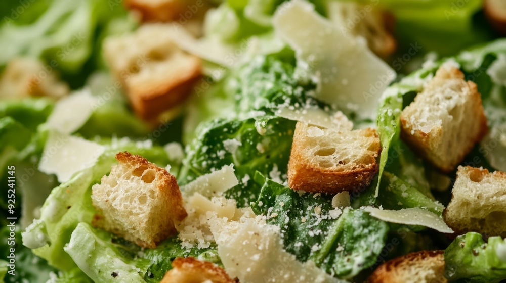 A close-up of a Caesar salad with fresh romaine lettuce, crunchy croutons, grated Parmesan, and a drizzle of creamy dressing. A close-up of a Caesar salad with fresh romaine lettuce, crunchy croutons, grated Parmesan, and a drizzle of creamy dressing.