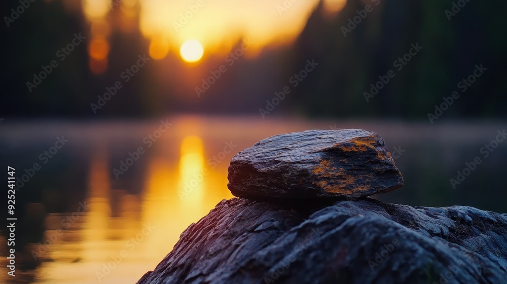A rock perched atop another by a water body as sun sets behind A rock perched atop another by a water body as sun sets behind