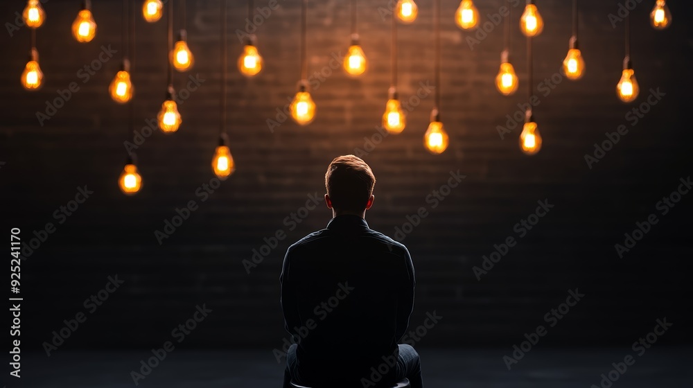 Mysterious silhouette of a person sitting in front of glowing light bulbs, creating an atmospheric and contemplative ambiance. Mysterious silhouette of a person sitting in front of glowing light bulbs, creating an atmospheric and contemplative ambiance.