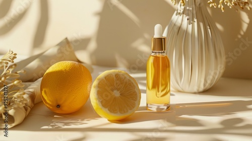 Product photography of a lemon serum cosmetics, blank mockup