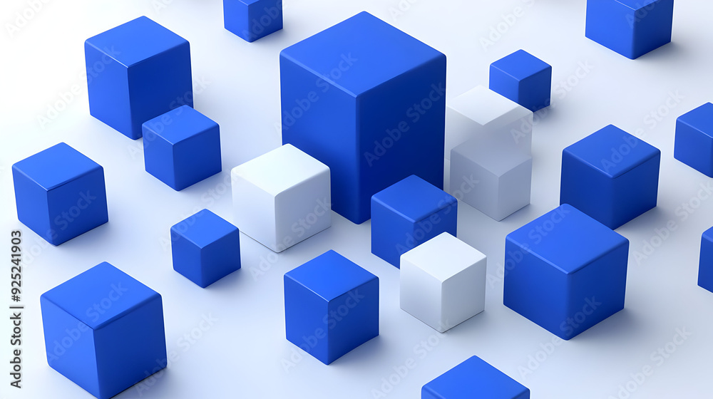 A collection of blue and white cubes in various sizes arranged on a light background. A collection of blue and white cubes in various sizes arranged on a light background.