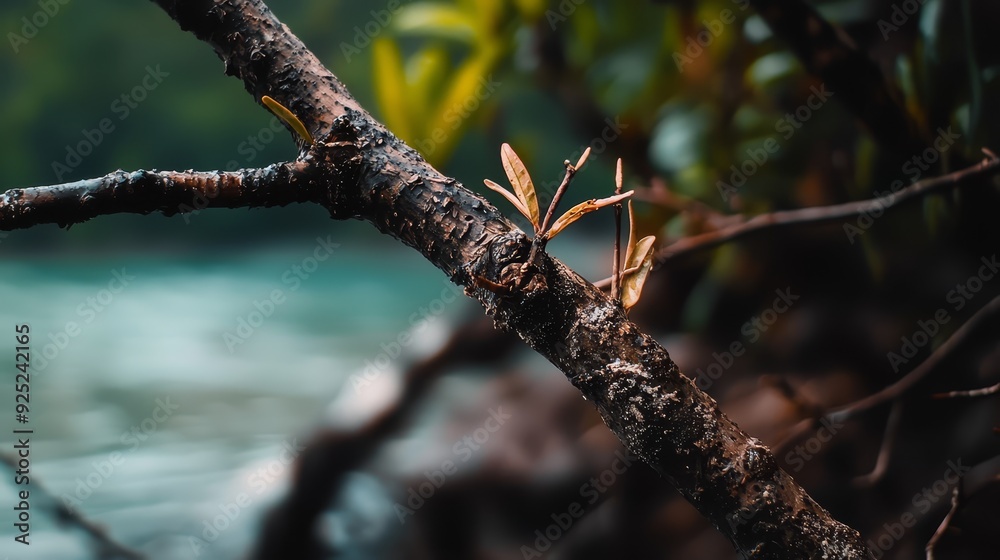 A tree branch in focus against a backdrop of a body of water and distant trees A tree branch in focus against a backdrop of a body of water and distant trees