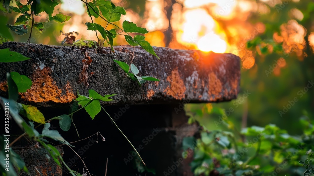 A tight shot of a weathered metal object with creeping vines emerging from it, against a backdrop of a sinking sun A tight shot of a weathered metal object with creeping vines emerging from it, against a backdrop of a sinking sun