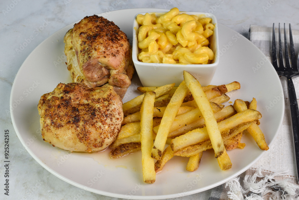 chicken thighs with macaroni and cheese with french fries chicken thighs with macaroni and cheese with french fries