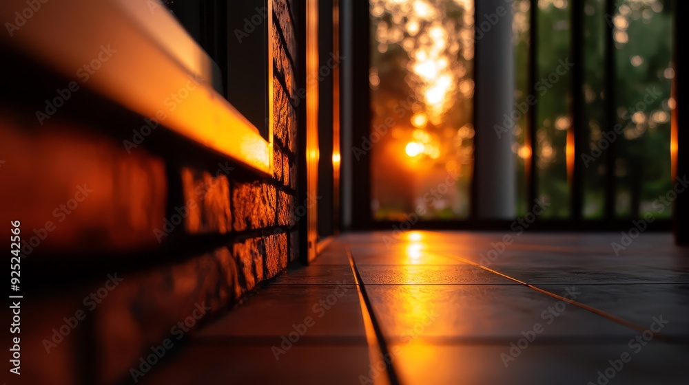 A night view of a house exterior via glass door with sunset in the distance A night view of a house exterior via glass door with sunset in the distance