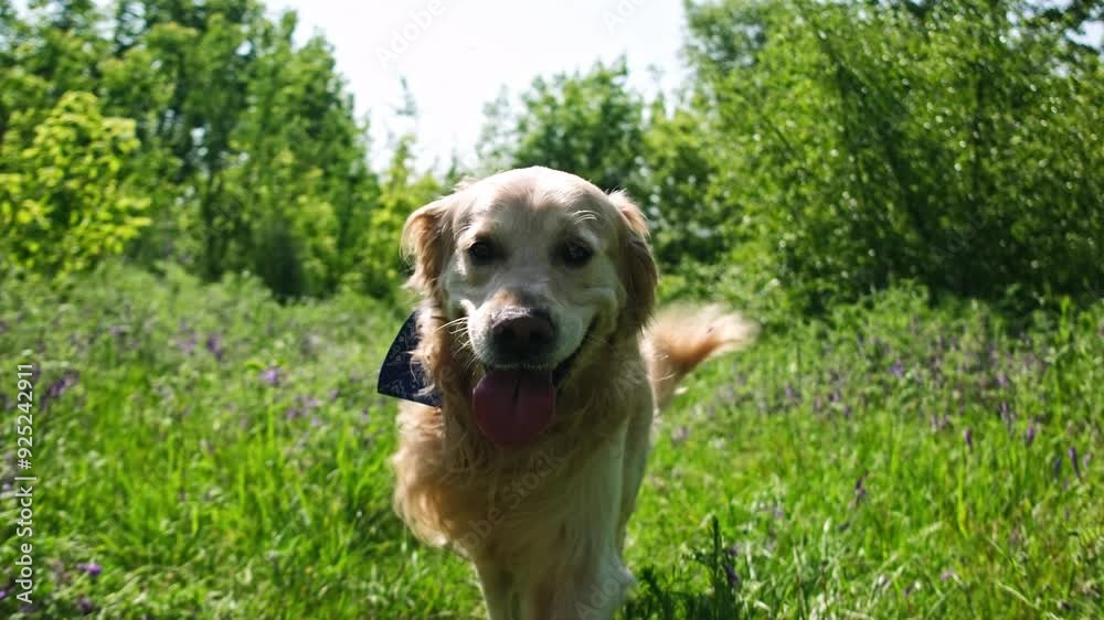 Adorable Golden Retriever Runs Across A Green Field Outdoors Adorable Golden Retriever Runs Across A Green Field Outdoors