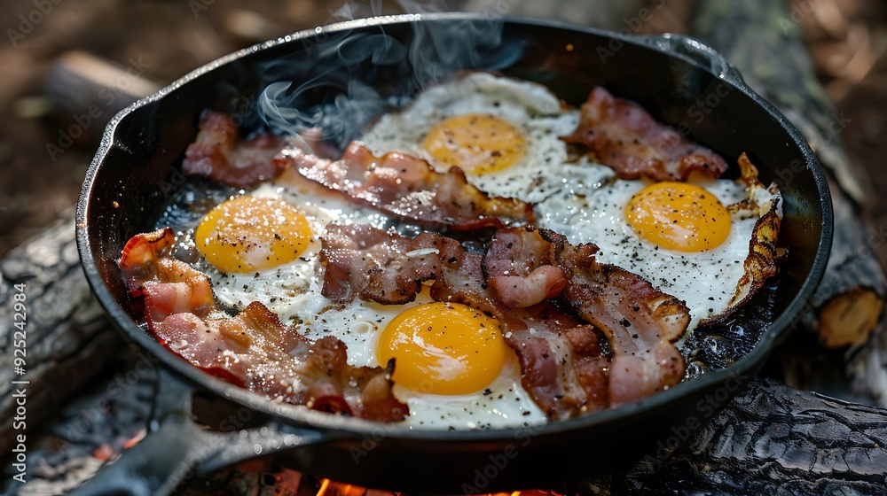 Brunch while camping bacon and eggs cooked in a cast iron skillet Brunch while camping bacon and eggs cooked in a cast iron skillet