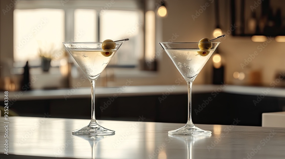 Two elegant martini glasses filled with clear martinis, garnished with olives, on a sleek, modern counter with soft lighting Two elegant martini glasses filled with clear martinis, garnished with olives, on a sleek, modern counter with soft lighting