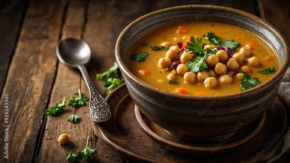 Bowl of hearty chickpea soup with fresh herbs on a rustic wooden table, served with a decorative spoon. Bowl of hearty chickpea soup with fresh herbs on a rustic wooden table, served with a decorative spoon.