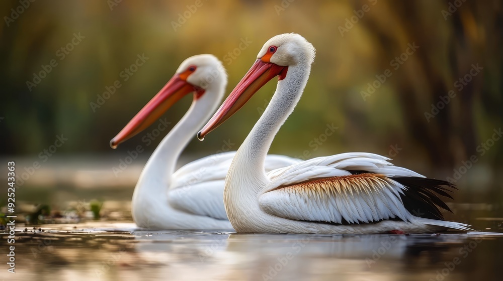 White birds float on tranquil lake Surrounded by lush, green forest teeming with numerous trees White birds float on tranquil lake Surrounded by lush, green forest teeming with numerous trees