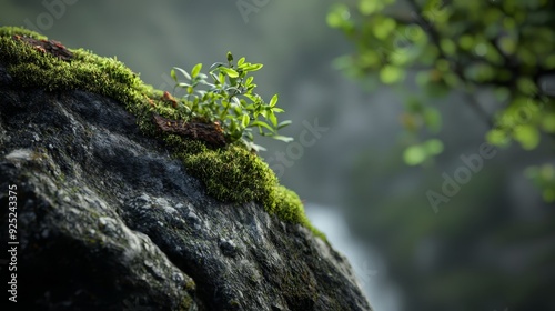  A rock with a plant sprouting from its peak, against a backdrop of a cascading waterfall