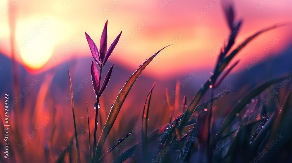 sun-kissed blades dotted with water droplets, sun behind sun-kissed blades dotted with water droplets, sun behind