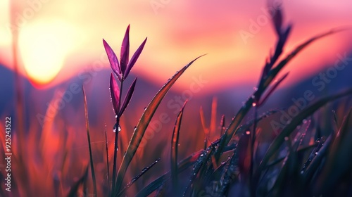 sun-kissed blades dotted with water droplets, sun behind