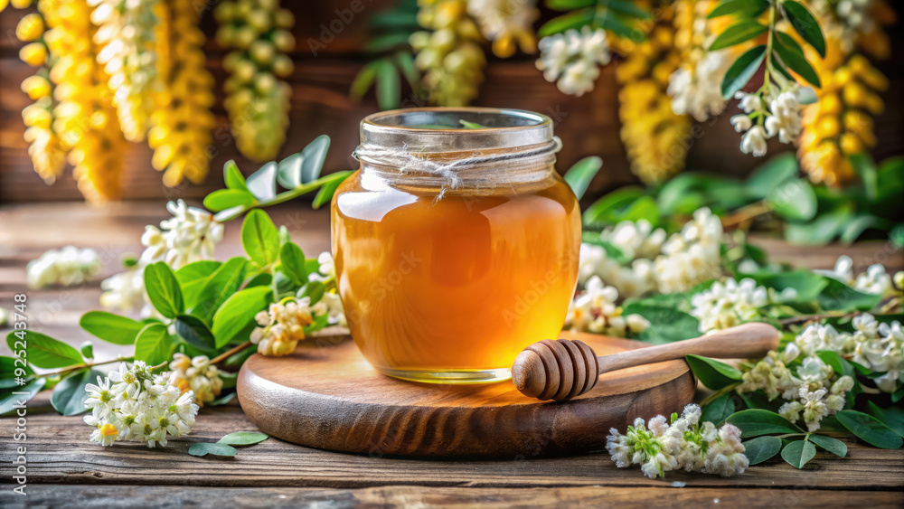 a jar of organic honey on the table against a background of blooming flowers, natural product, bowl, sweet, yellow, golden, apiary, farm, honey farming, beekeeping, delicious food a jar of organic honey on the table against a background of blooming flowers, natural product, bowl, sweet, yellow, golden, apiary, farm, honey farming, beekeeping, delicious food