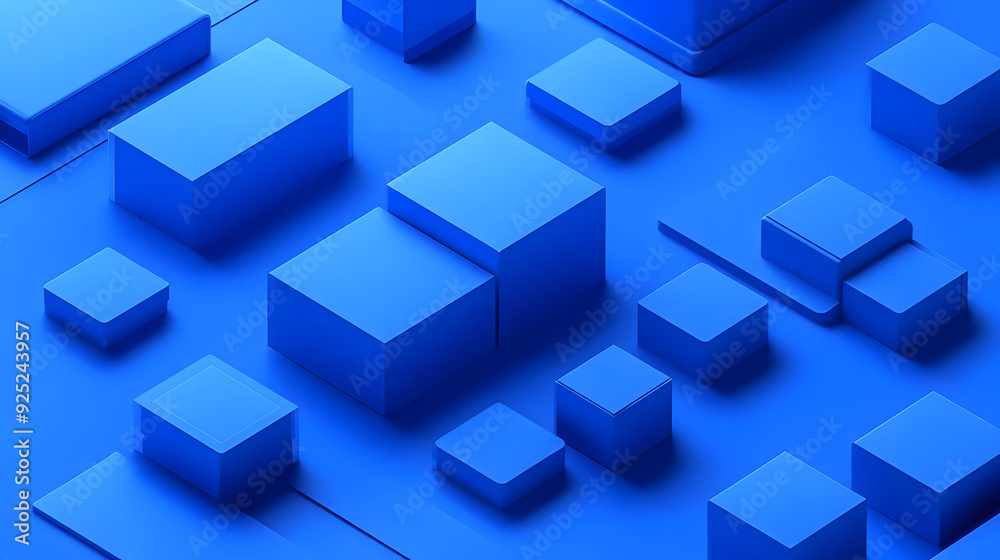 A collection of blue geometric shapes arranged in a three-dimensional layout. A collection of blue geometric shapes arranged in a three-dimensional layout.