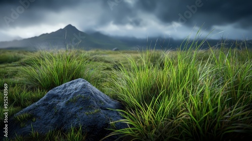  A grassy field with a rock in the foreground and a mountain, featuring dark clouds in thebackground photo