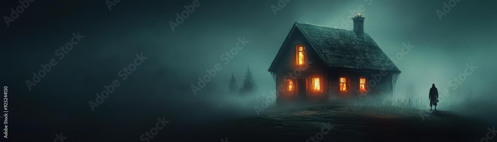 A mysterious and eerie scene featuring a dimly lit house surrounded by fog, evoking feelings of suspense and intrigue. The silhouette of a figure stands nearby, enhancing the atmosphere. A mysterious and eerie scene featuring a dimly lit house surrounded by fog, evoking feelings of suspense and intrigue. The silhouette of a figure stands nearby, enhancing the atmosphere.