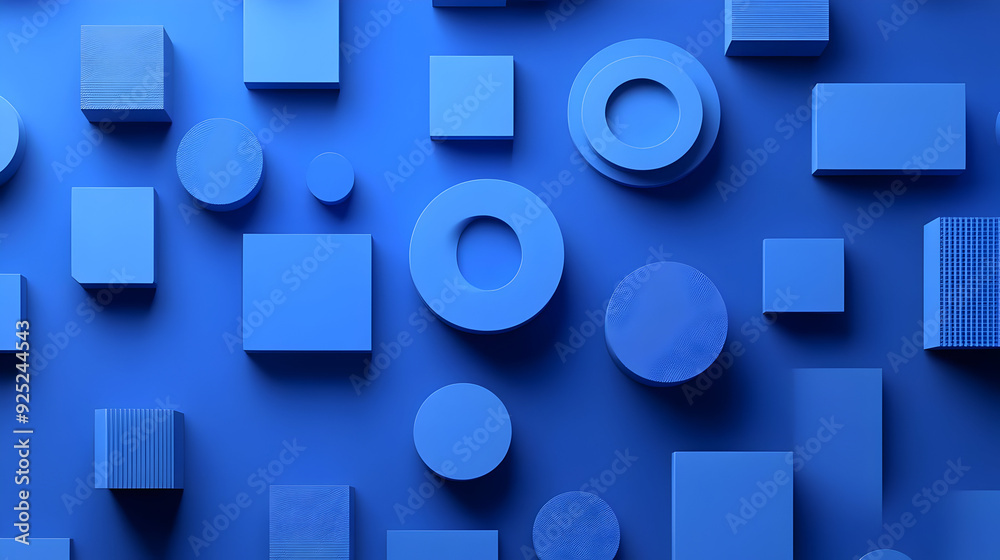 A collection of blue geometric shapes arranged on a blue background.