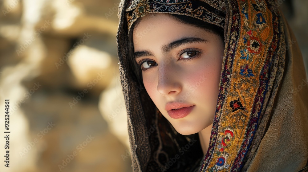 Palestinian Faecs A young Palestinian woman poses gracefully in a traditional faacaf ...