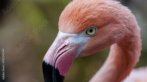  A tight shot of a pink flamingo's head and neck against blurred treebackground photo