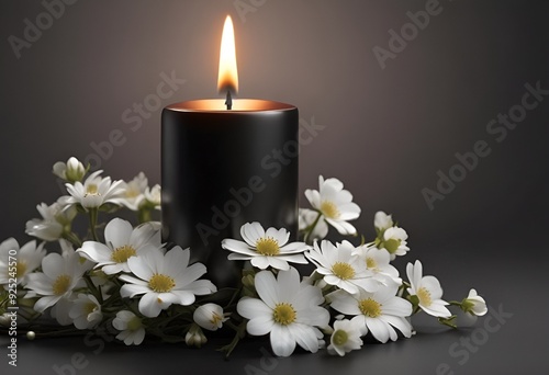 white flowers and black burning candle on black background for obituary notice, funeral announcement, necrology photo