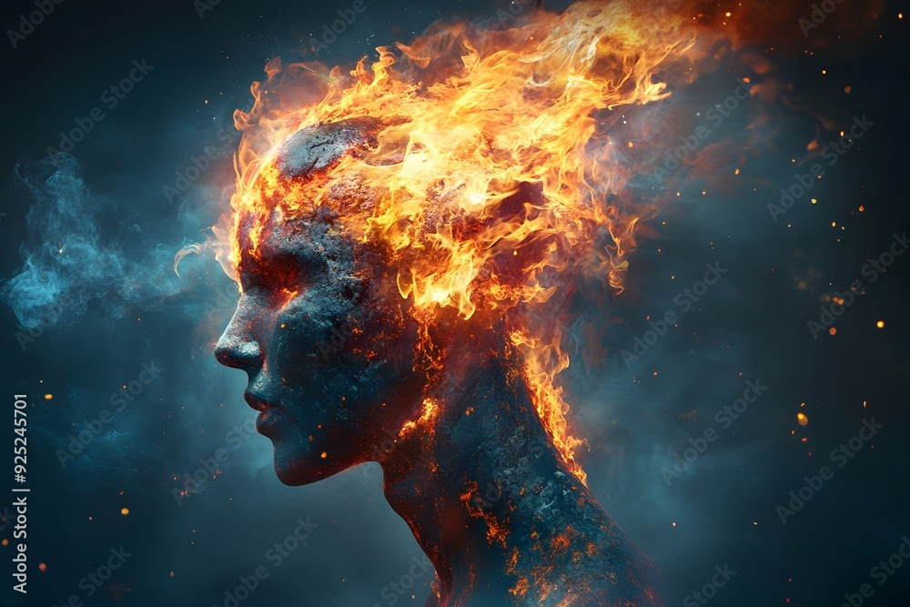 Abstract image depicting the impact of sleep disorders on mental health, showing a figure with their head on fire to symbolize the intense anxiety and depression. Abstract image depicting the impact of sleep disorders on mental health, showing a figure with their head on fire to symbolize the intense anxiety and depression.