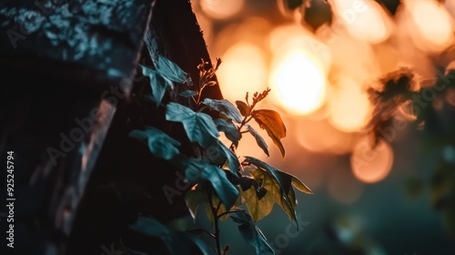  A leafy plant with a blurred sunbackground in the distant horizon photo