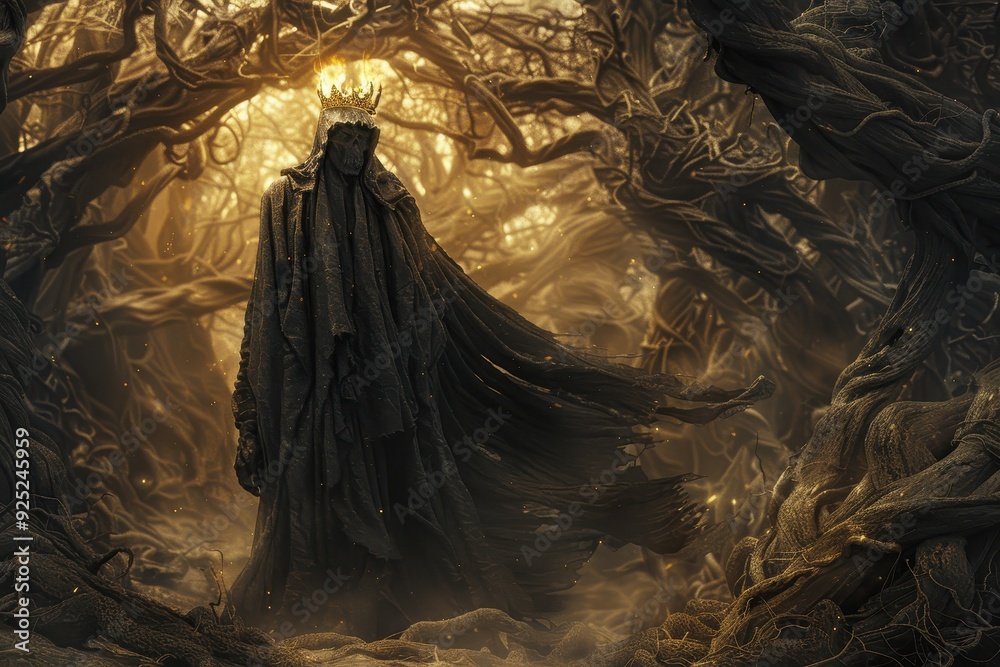 A grim reaper walks in a forest full of vines A grim reaper walks in a forest full of vines