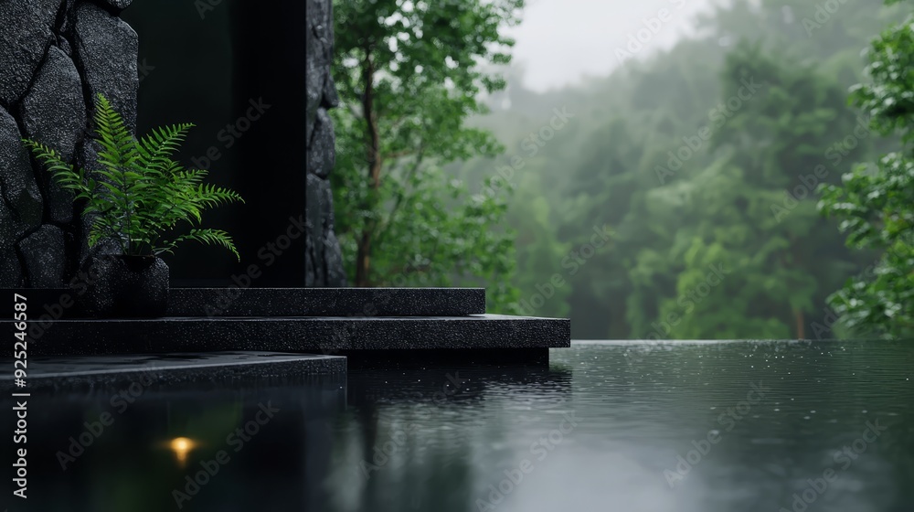 A forested clearing houses a stone-bordered pool, its surface reflecting dappled sunlight Atop the wall, a fern unfurls its fronds A forested clearing houses a stone-bordered pool, its surface reflecting dappled sunlight Atop the wall, a fern unfurls its fronds