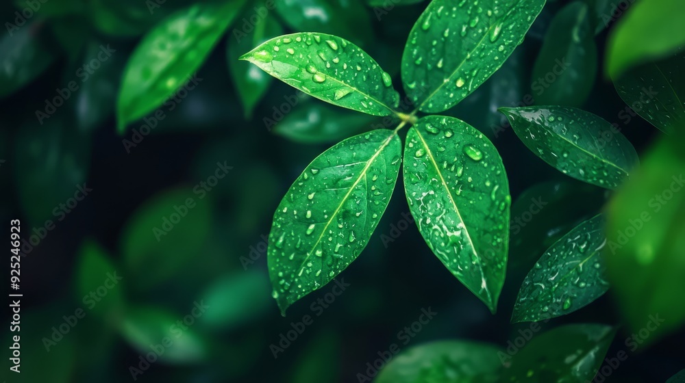 Close-up of a green leaf dotted with water droplets Green leaves adorned with water beads Close-up of a green leaf dotted with water droplets Green leaves adorned with water beads