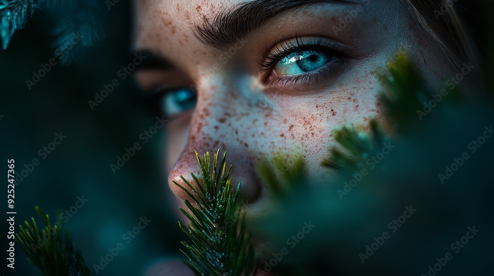 A tight shot of a woman's face, adorned with an array of freckles and framed by deep-set blue eyes A tight shot of a woman's face, adorned with an array of freckles and framed by deep-set blue eyes