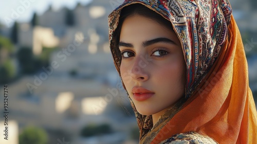 A young Palestinian woman gazes thoughtfully while wearing traditional attire, surrounded by picturesque scenery under the warm sunlight