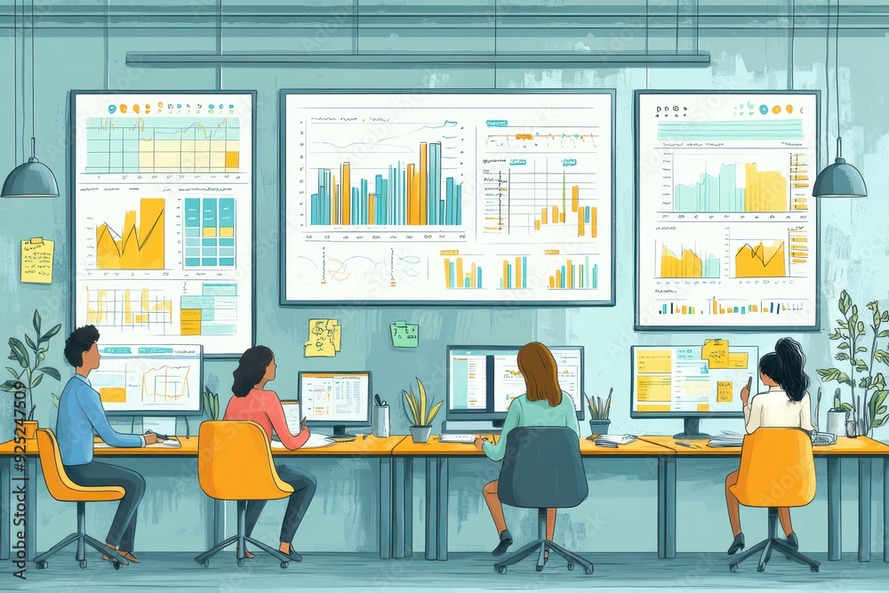 Vibrant Office Environment: Diverse Team Engaged in Colorful Chart Analysis, Hand-Drawn Style Illustration of Workplace Culture Vibrant Office Environment: Diverse Team Engaged in Colorful Chart Analysis, Hand-Drawn Style Illustration of Workplace Culture