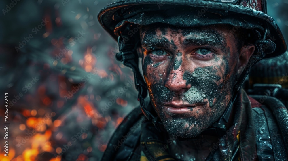 portrait of a male firefighter with a fire in the background portrait of a male firefighter with a fire in the background