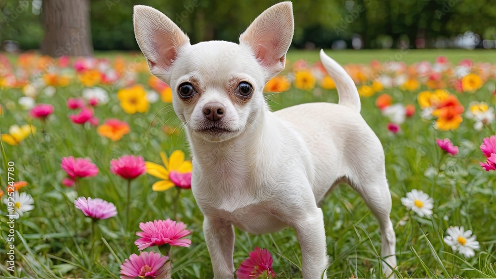 Cream smooth coat chihuahua dog in flower field Cream smooth coat chihuahua dog in flower field