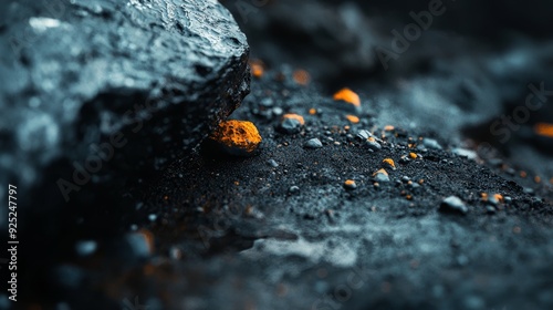 orange and white stones in foreground, black rock in background