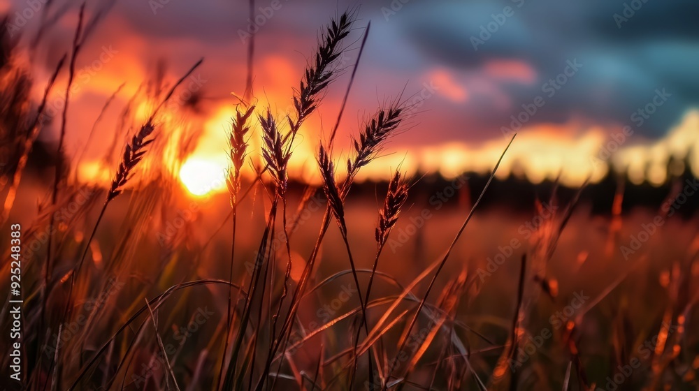 A field of tall grass with the sun setting in the distance A field of tall grass with the sun setting in the distance