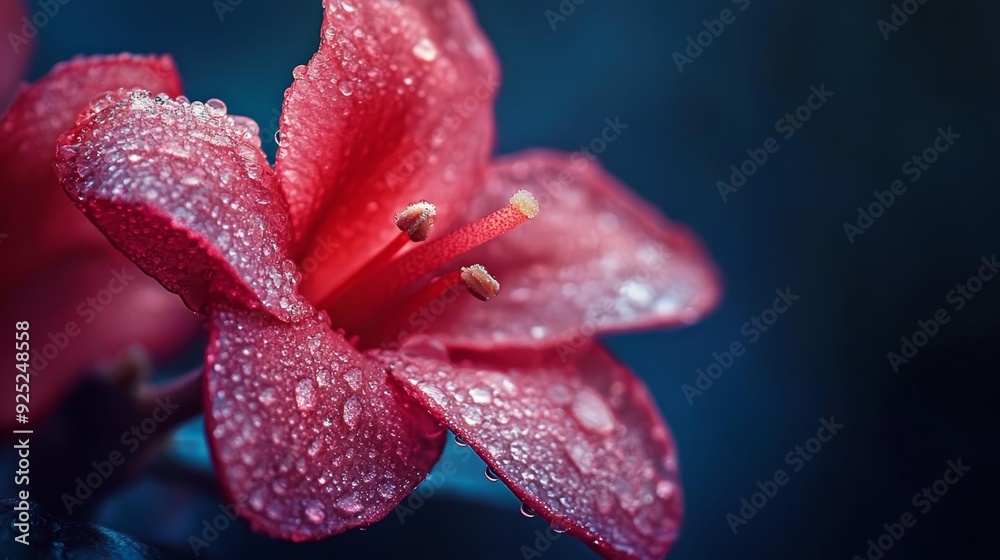 A red flower with dewdrops on its petals against a dark blue backdrop A red flower with dewdrops on its petals against a dark blue backdrop
