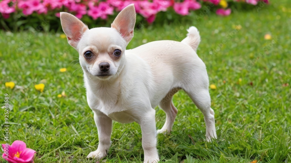 Cream smooth coat chihuahua dog in flower field Cream smooth coat chihuahua dog in flower field