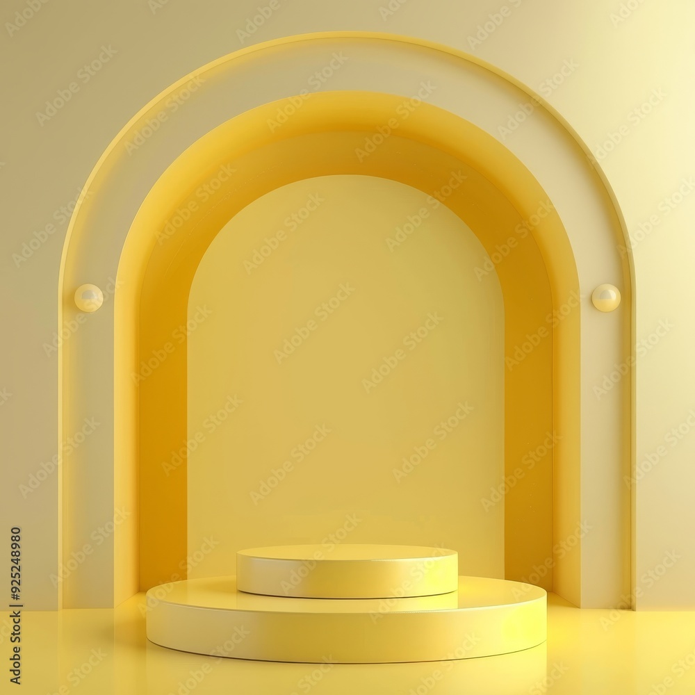 Abstract yellow archway with a cylindrical platform.