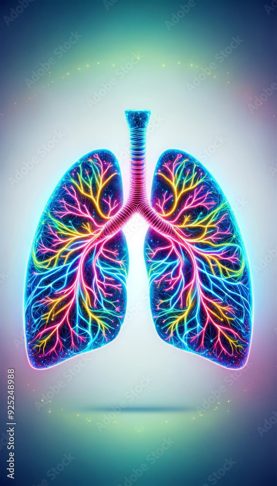 Vibrant digital illustration of human lungs with a network of glowing ...