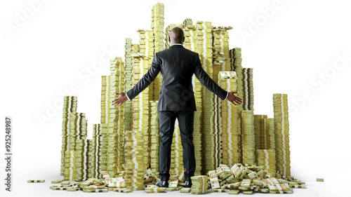 Rich African American businessman with opened arms standing facing huge pile stacks of singapore dollar notes. Business man looking at alot of heaped bundles of money isolated on transparent backgroun photo