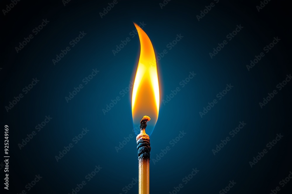 A single matchstick with a flame burning brightly against a dark blue background. A single matchstick with a flame burning brightly against a dark blue background.