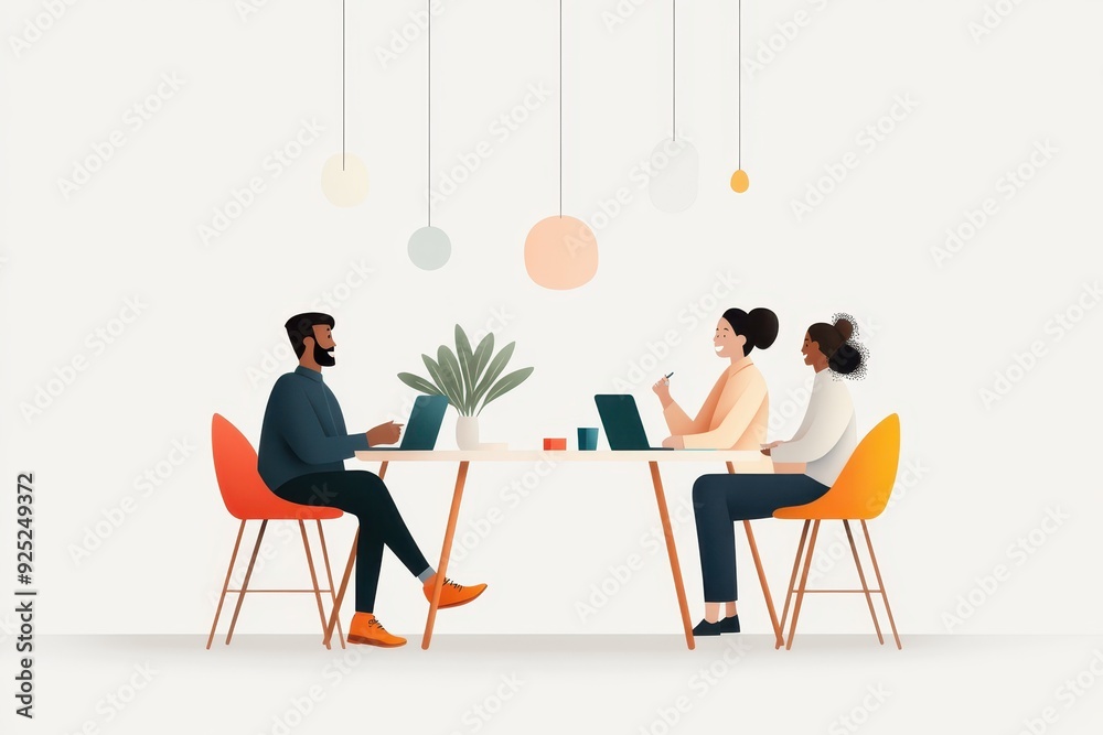 Fototapeta premium Diverse Team of Hand-Drawn Employees Collaborating on Colorful Projects in Inclusive Open Office Setting, Vector Illustration