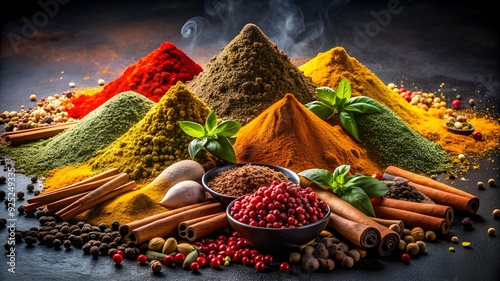 Colourful various Seasonings spices and herbs ingredients for cooking, curry, ginger, paprika, parsley, thyme, salt, on a black background.
