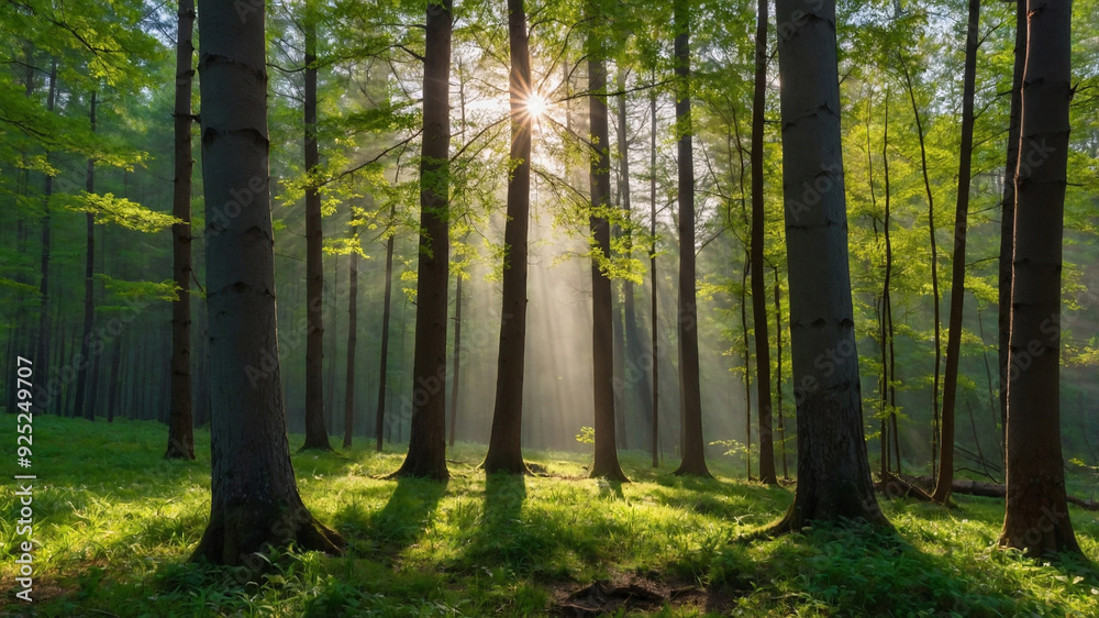 Obraz premium Sunlight rays pierce through the trees in a serene and lush forest, capturing a breathtaking natural scene.