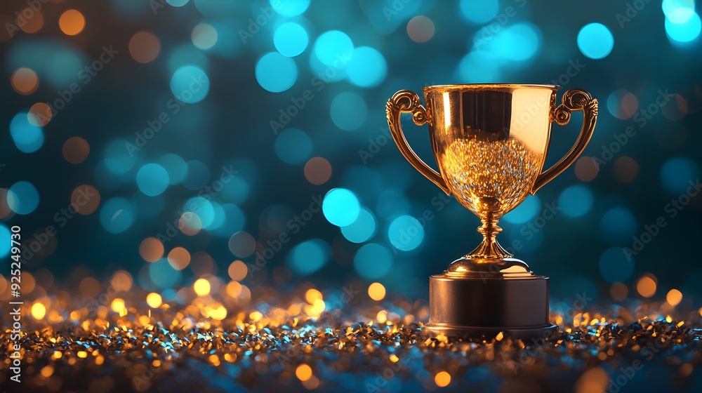 Golden Trophy on Blue Glitter Background Golden Trophy on Blue Glitter Background