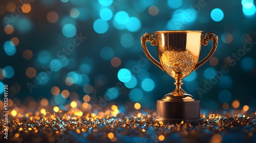 Golden Trophy on Blue Glitter Background