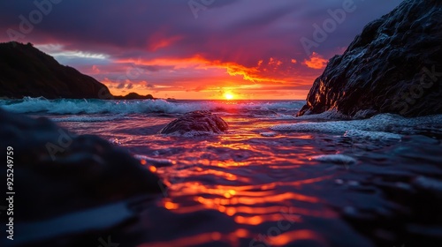  The sun sets over the ocean, foregrounded by rocks and a rocky outcropping